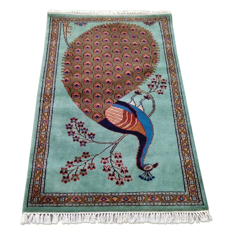 2.5x4 Ft Hand Knotted Peacock Wool Carpet (Turquoise) - Image 2