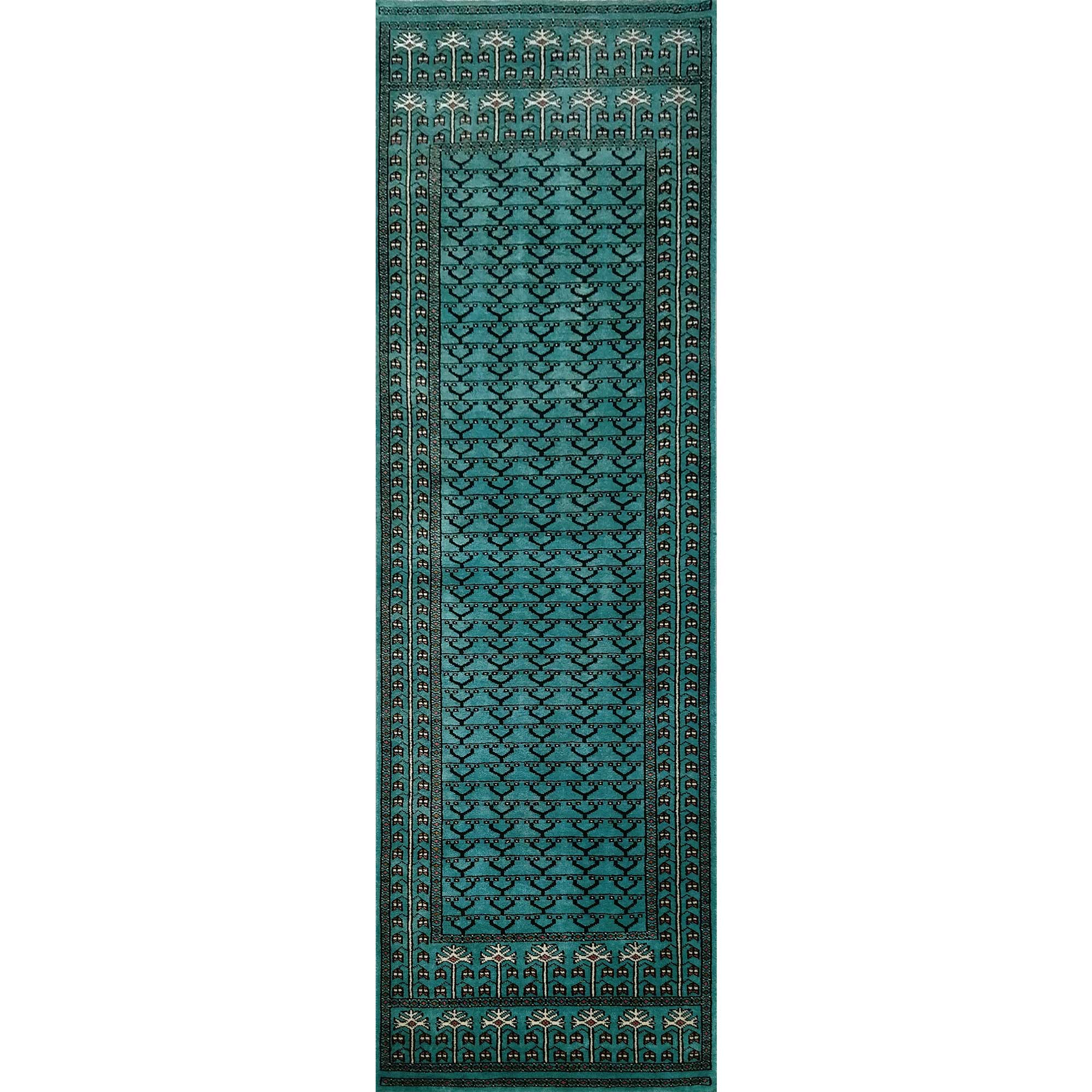 2.5x8 Ft Handmade Turquoise Wool Carpet Tribal