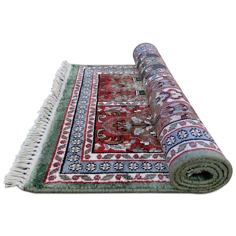 2x3 Feet Handmade Hamadan Silk Carpet Green - Image 8