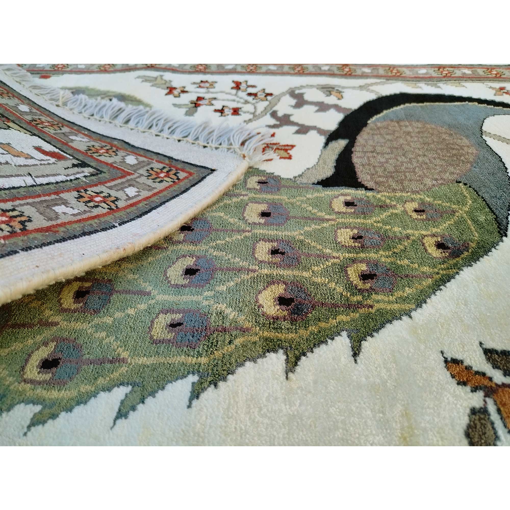 2x3 Feet Handmade Peacock viscose Carpet White - Image 7