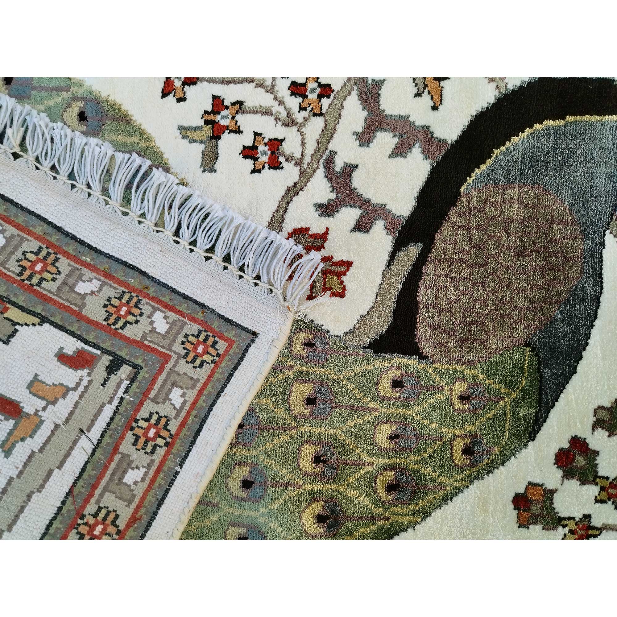 2x3 Feet Handmade Peacock viscose Carpet White - Image 6