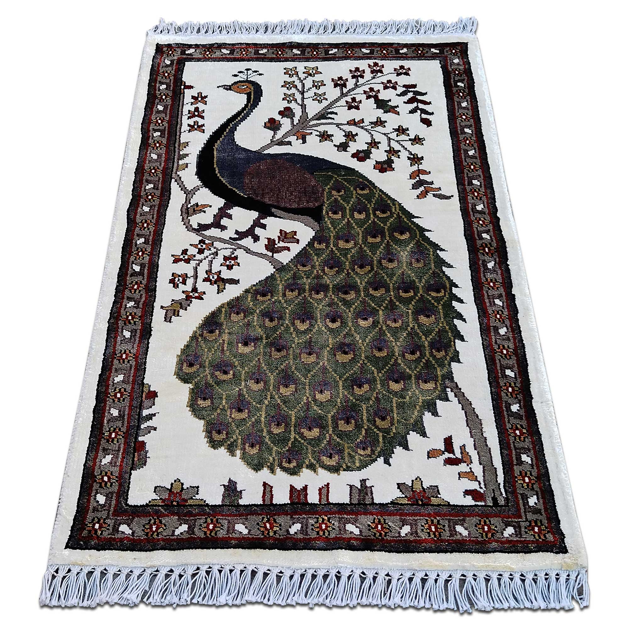 2x3 Feet Handmade Peacock viscose Carpet White - Image 2