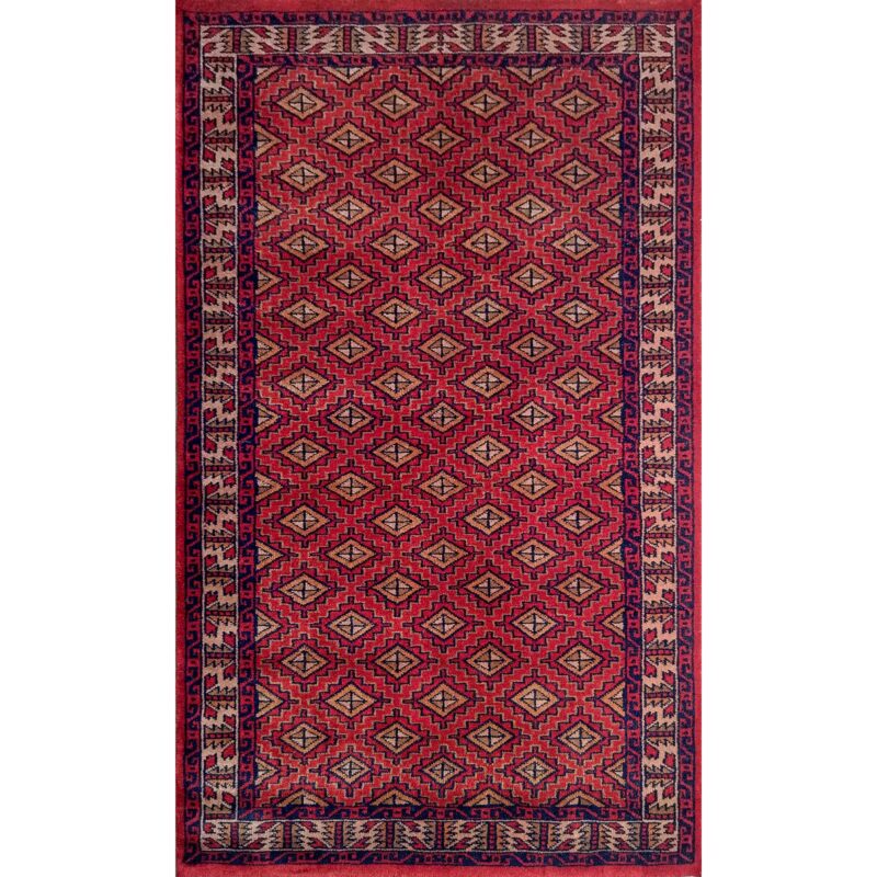 3x5 Feet Red Hand Knotted Wool Carpet Burfi