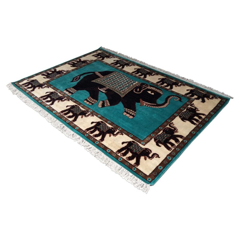 6x4 ft Handmade Elephant Wool Carpet Turquoise - Image 3