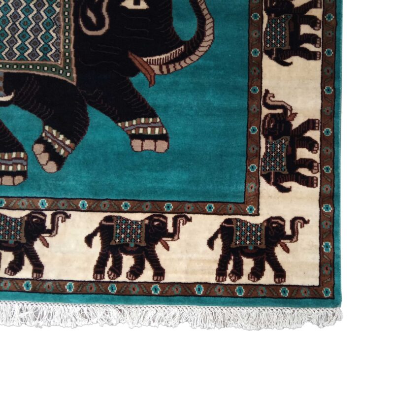 6x4 ft Handmade Elephant Wool Carpet Turquoise - Image 4