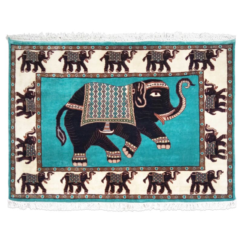 6x4 ft Handmade Elephant Wool Carpet Turquoise
