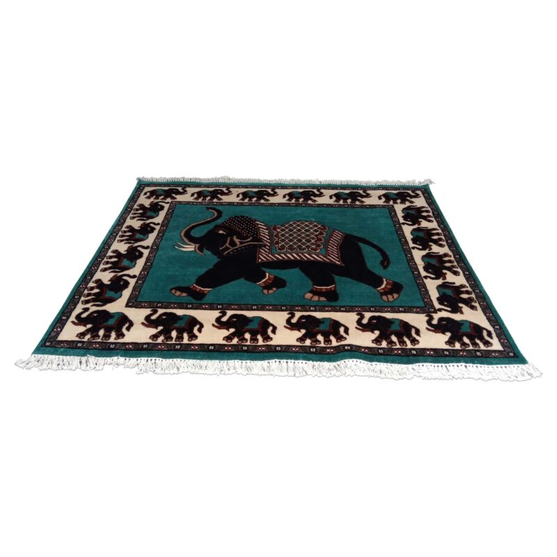 5x4 ft Handmade Elephant Wool Carpet Turquoise - Image 2