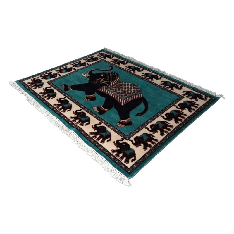 5x4 ft Handmade Elephant Wool Carpet Turquoise - Image 3