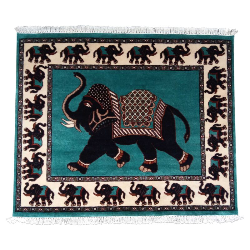 5x4 ft Handmade Elephant Wool Carpet Turquoise