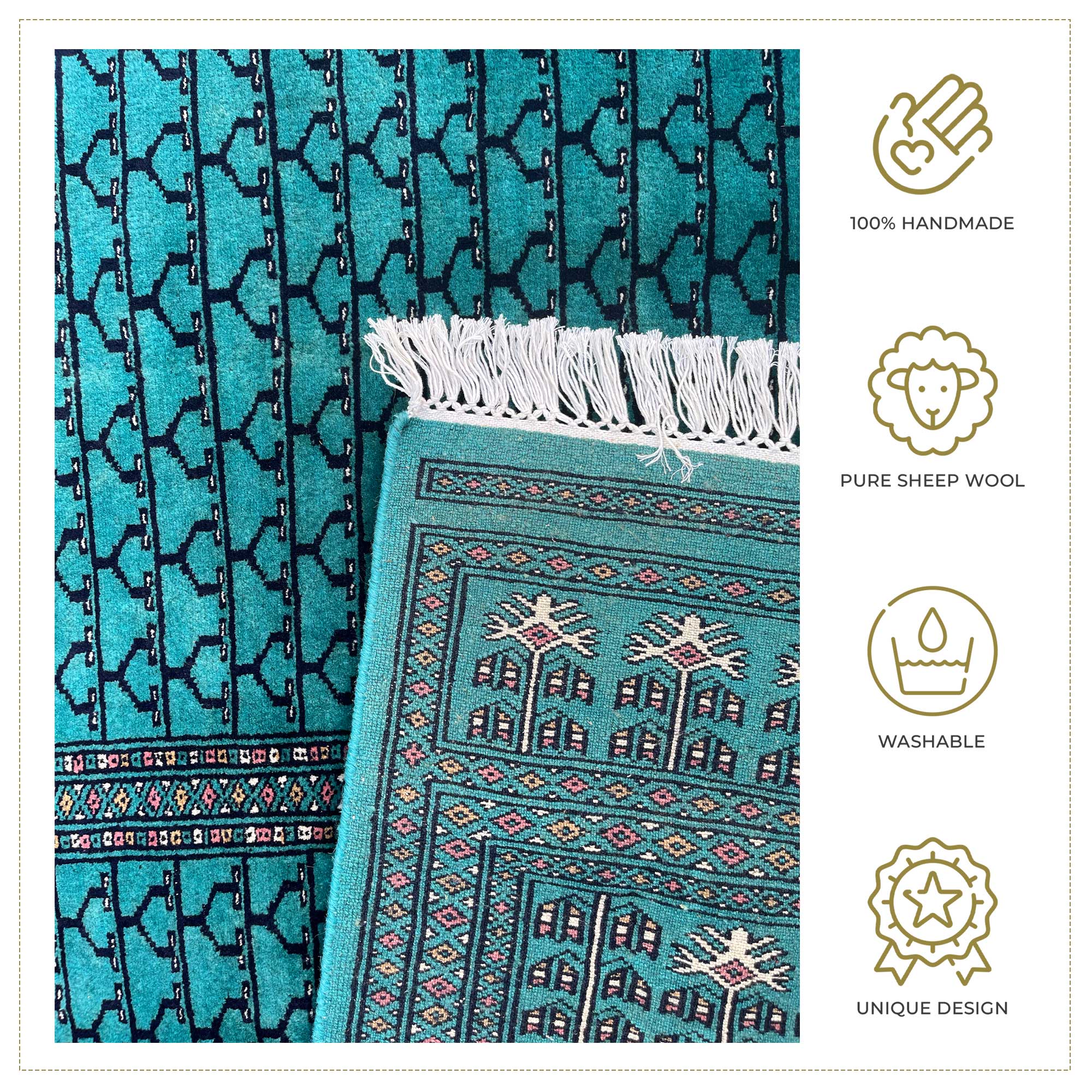 6x9 ft Handmade Wool Carpet Turquoise Parda - Image 2