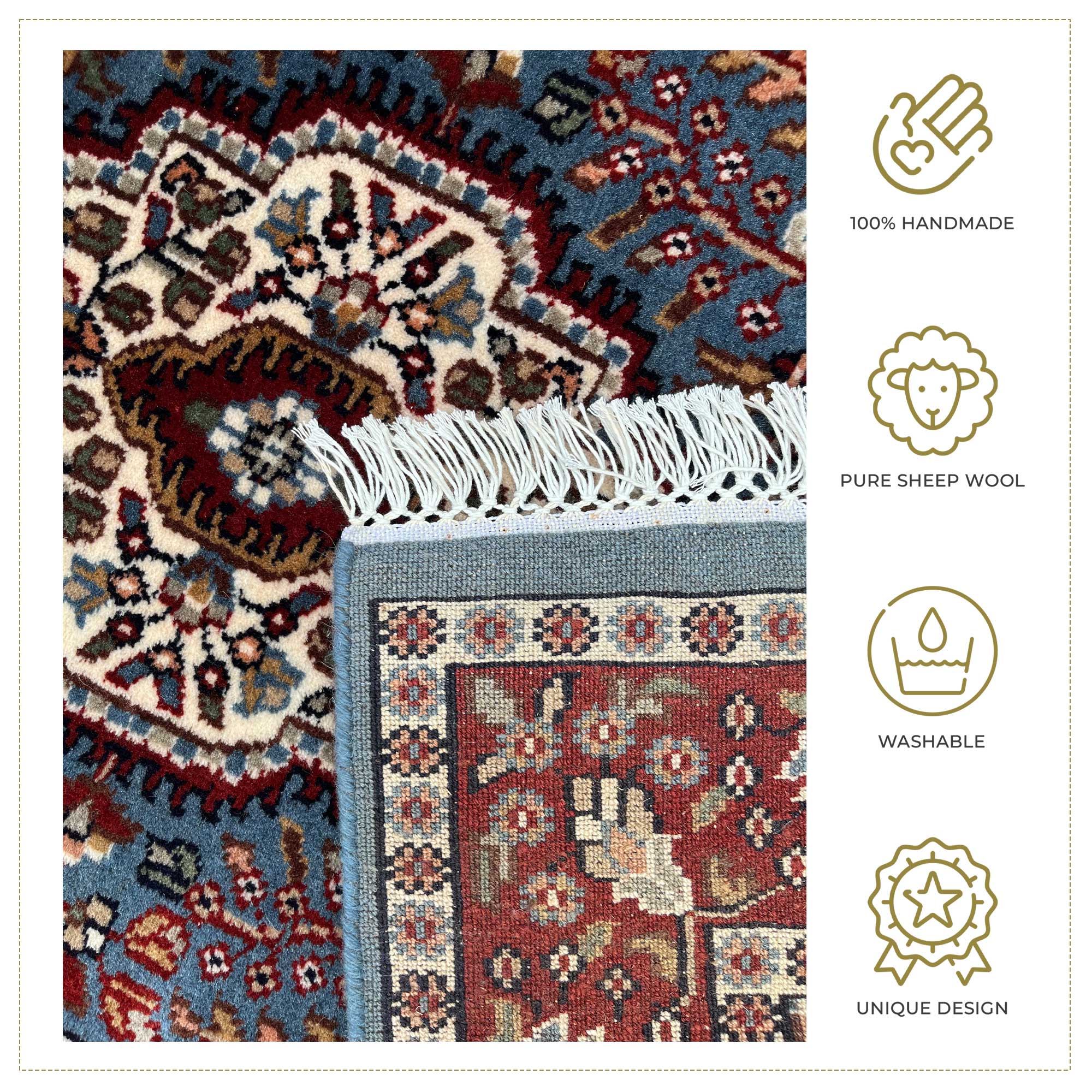 3x5 ft Handmade Wool Carpet Indo-persian Design Blue - Image 4