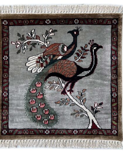 2x2 feet Handmade Rug Peacock and Peahen Gray
