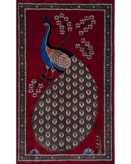 25x4 Handmade Hand Knotted Wool Carpet Peacock Red