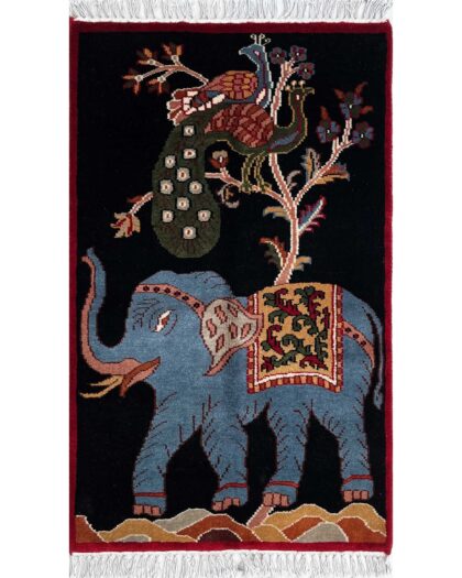 2x3 ft Hand-knotted Woolen Carpet Elephant Peacock Black