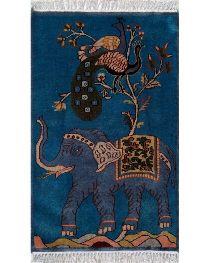 2x3 ft Hand-knotted Woolen Carpet Elephant Peacock Blue