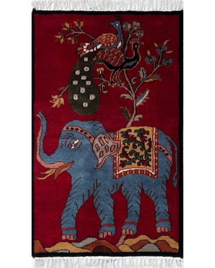 2x3 ft Hand-knotted Woolen Carpet Elephant Peacock Red