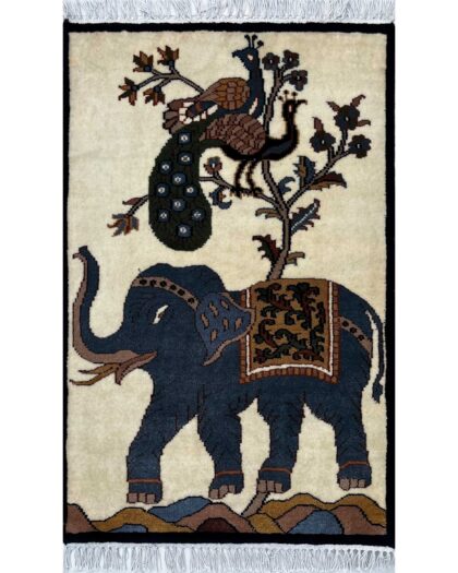 2x3 ft Hand-knotted Woolen Carpet Elephant Peacock White