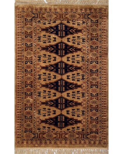 Handmade Hand-Knotted Wool Area carpet, Camel, Tribal Bokhara Style with Fringe, 2.5x4 ft
