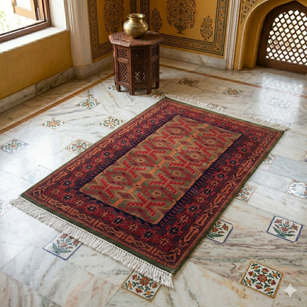 Handmade Tribal Kangura Wool Area carpet, Green and Red, 2.5x4 ft, Hand Knotted - Image 2