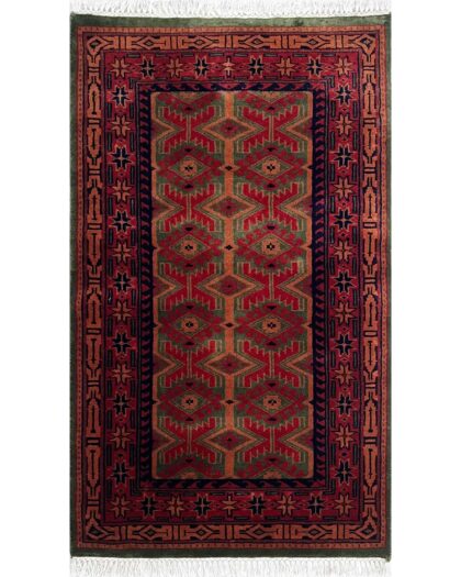 Handmade Tribal Kangura Wool Area carpet, Green and Red, 2.5x4 ft, Hand Knotted