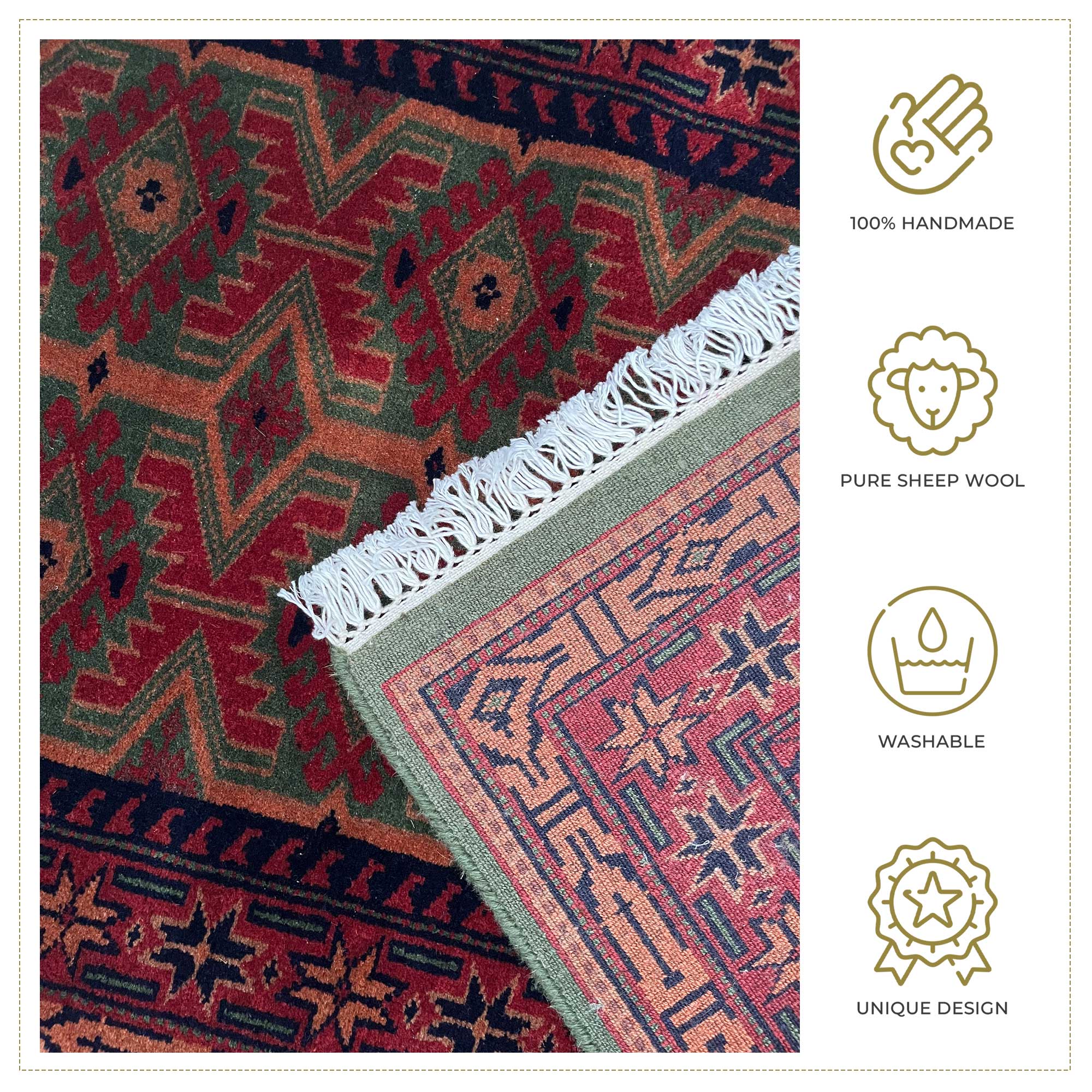 Handmade Tribal Kangura Wool Area carpet, Green and Red, 2.5x4 ft, Hand Knotted - Image 4