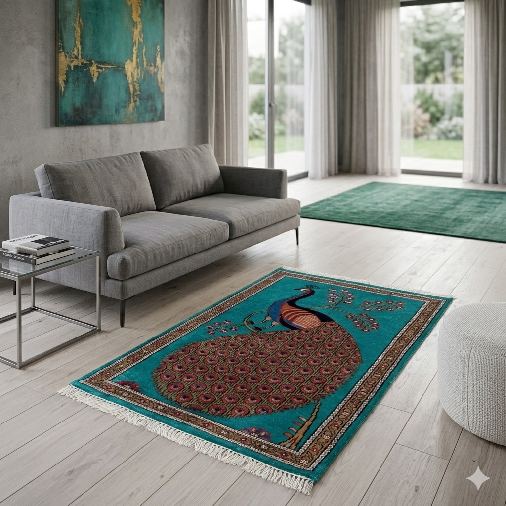 Hand Knotted Wool Area carpet, Teal, 2.5x4 Ft, Peacock Design, with Floral Border - Image 2