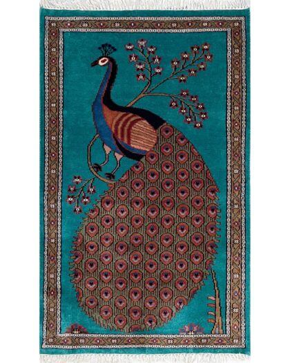 Hand Knotted Wool Area carpet, Teal, 2.5x4 Ft, Peacock Design, with Floral Border