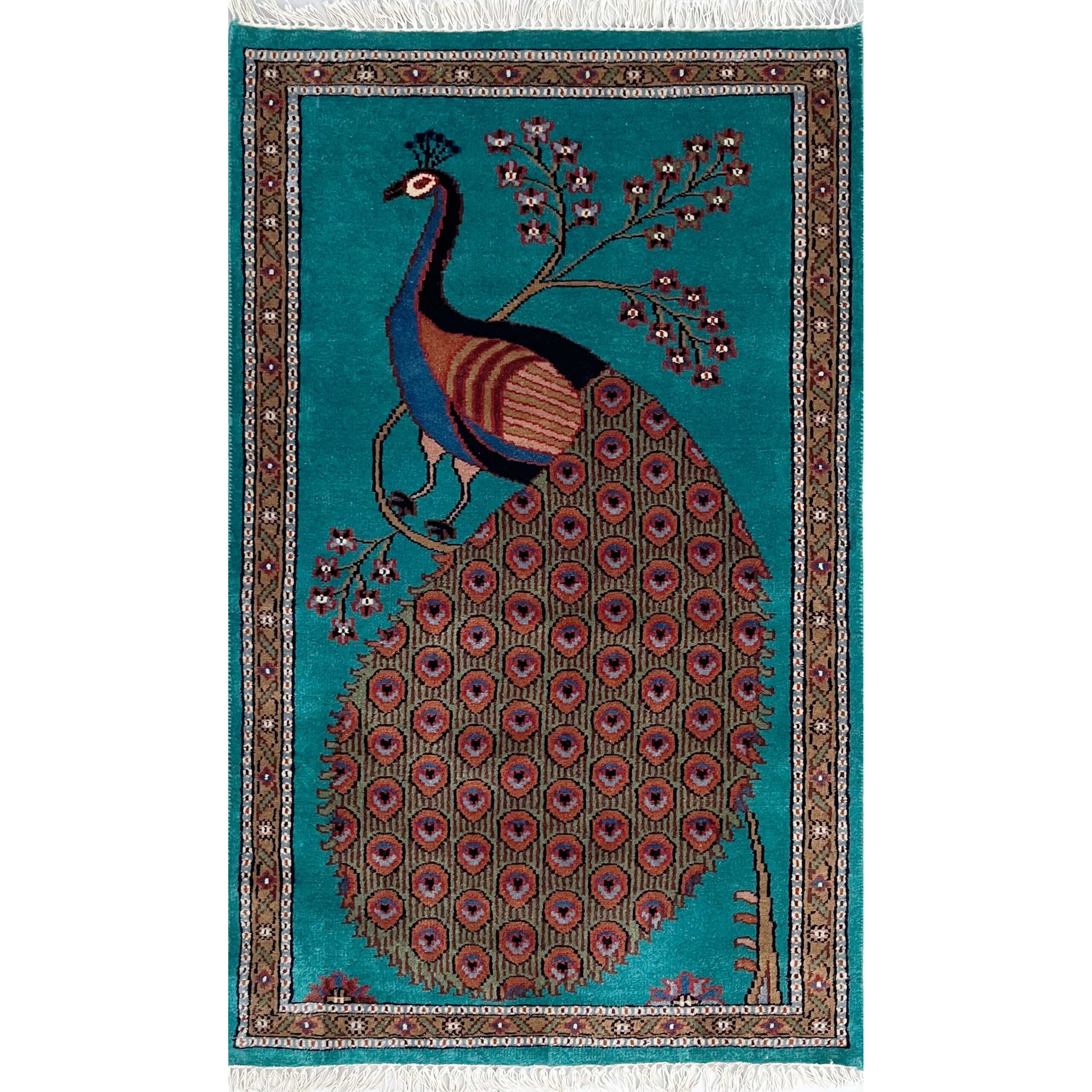 Hand Knotted Wool Area carpet, Teal, 2.5x4 Ft, Peacock Design, with Floral Border