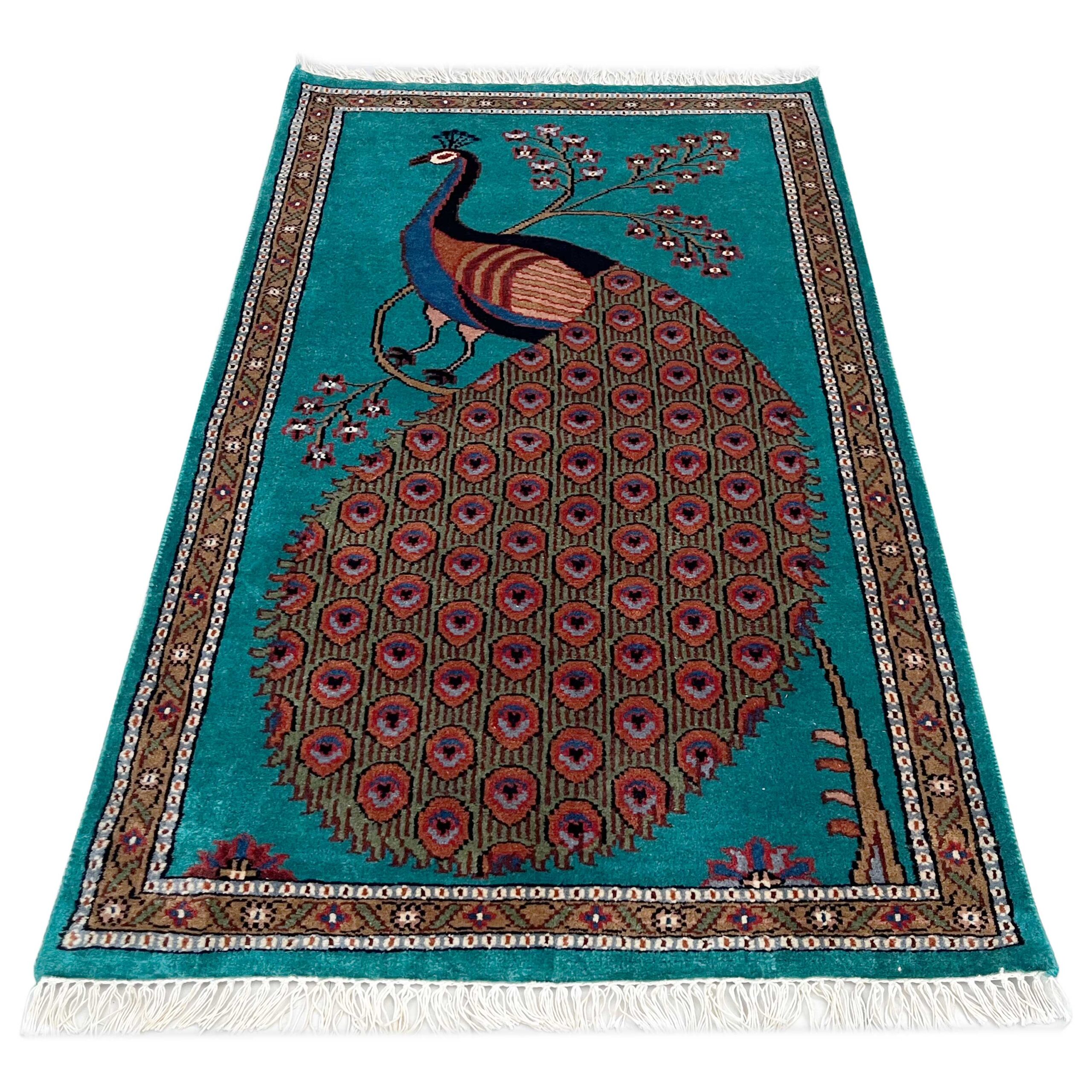 Hand Knotted Wool Area carpet, Teal, 2.5x4 Ft, Peacock Design, with Floral Border - Image 6