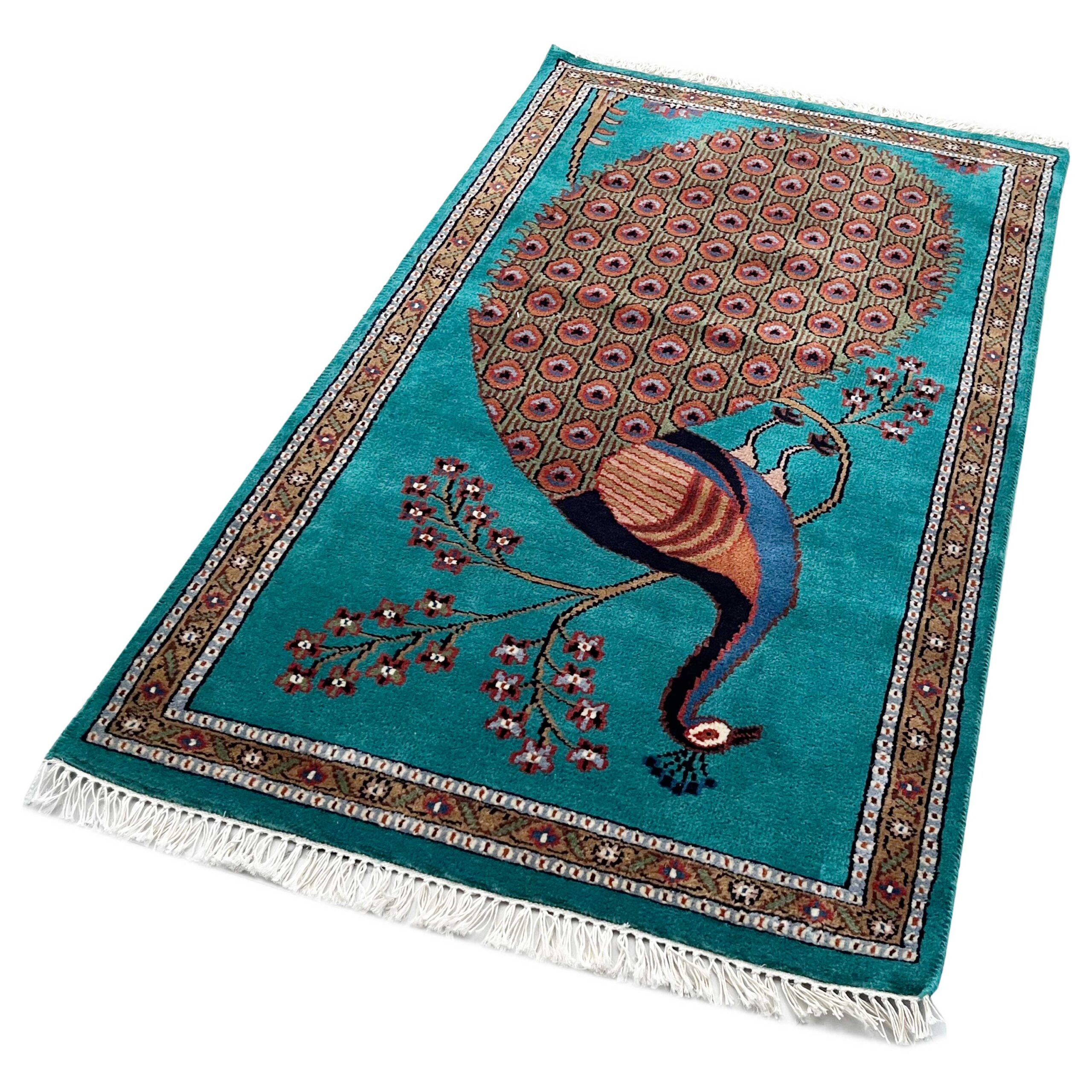 Hand Knotted Wool Area carpet, Teal, 2.5x4 Ft, Peacock Design, with Floral Border - Image 5