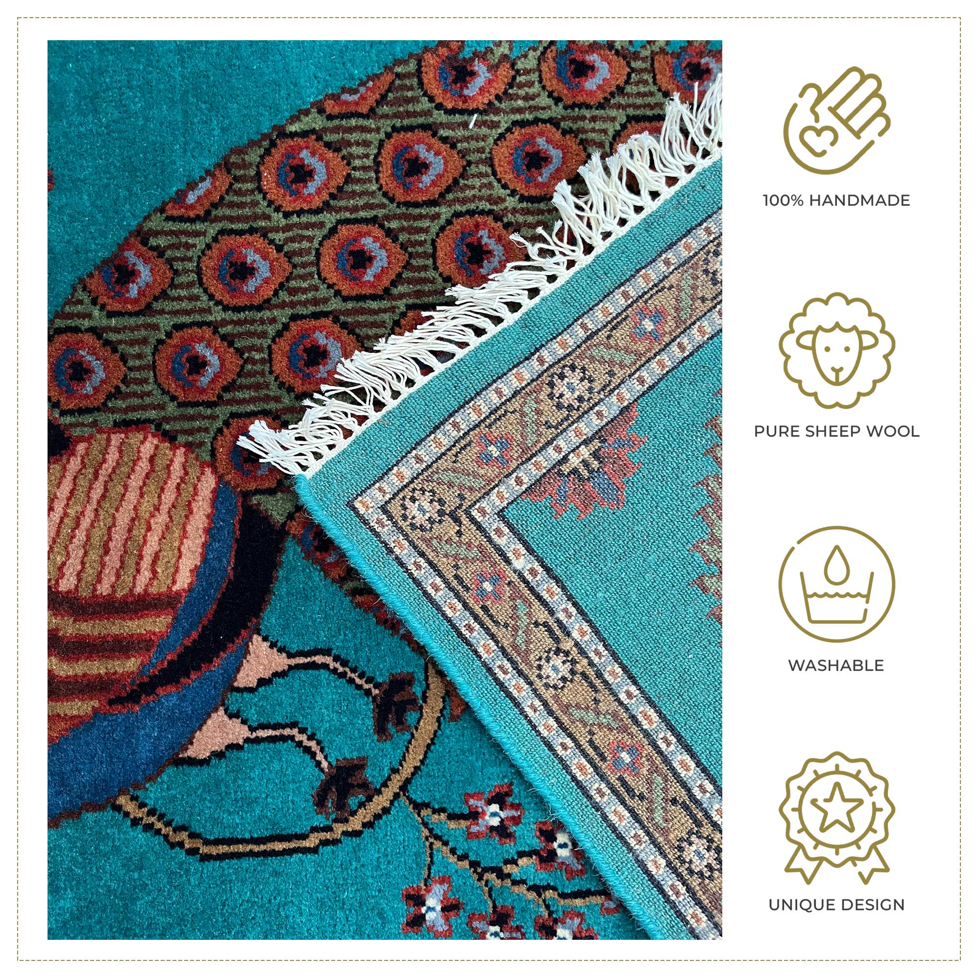 Hand Knotted Wool Area carpet, Teal, 2.5x4 Ft, Peacock Design, with Floral Border - Image 4
