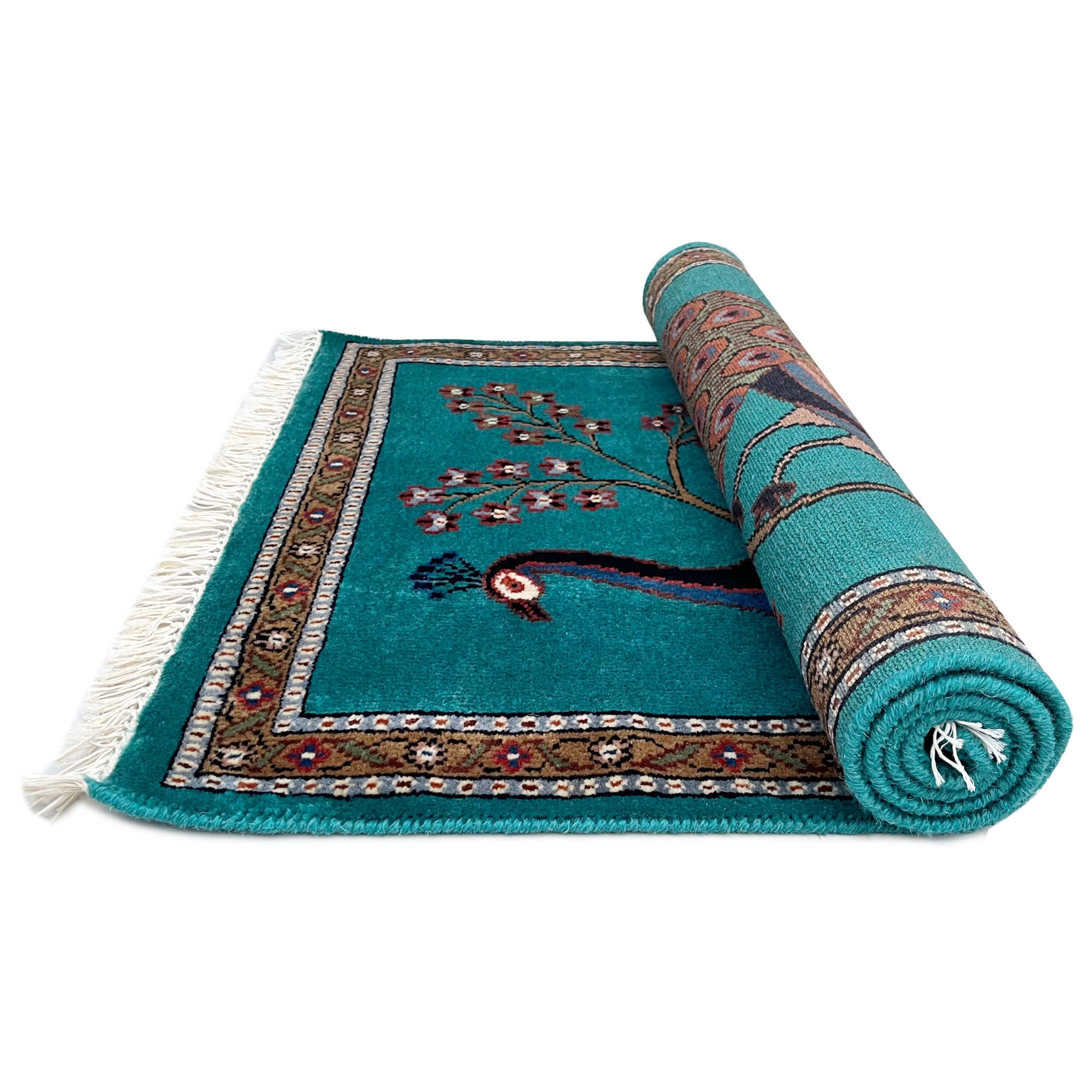 Hand Knotted Wool Area carpet, Teal, 2.5x4 Ft, Peacock Design, with Floral Border - Image 3