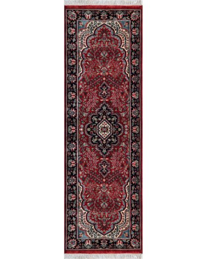 Hand-Knotted Wool Runner carpet, Red, Floral, 2x6 ft, Handmade with Fringe
