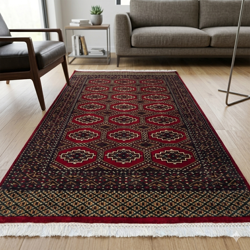 Hand Knotted Wool Area carpet, Red, Bokhara Gul Pattern, 4x6 ft, with Fringe - Image 2