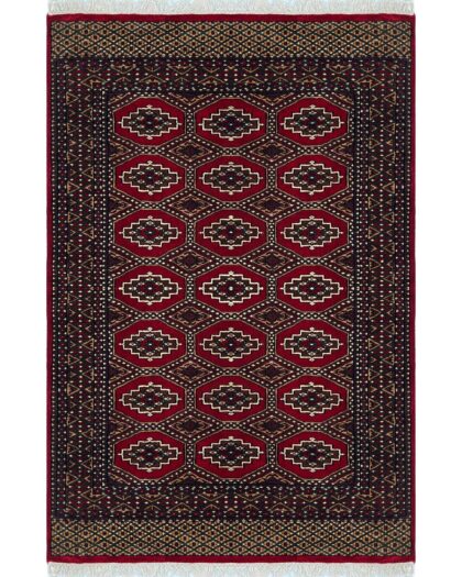 Hand Knotted Wool Area carpet, Red, Bokhara Gul Pattern, 4x6 ft, with Fringe