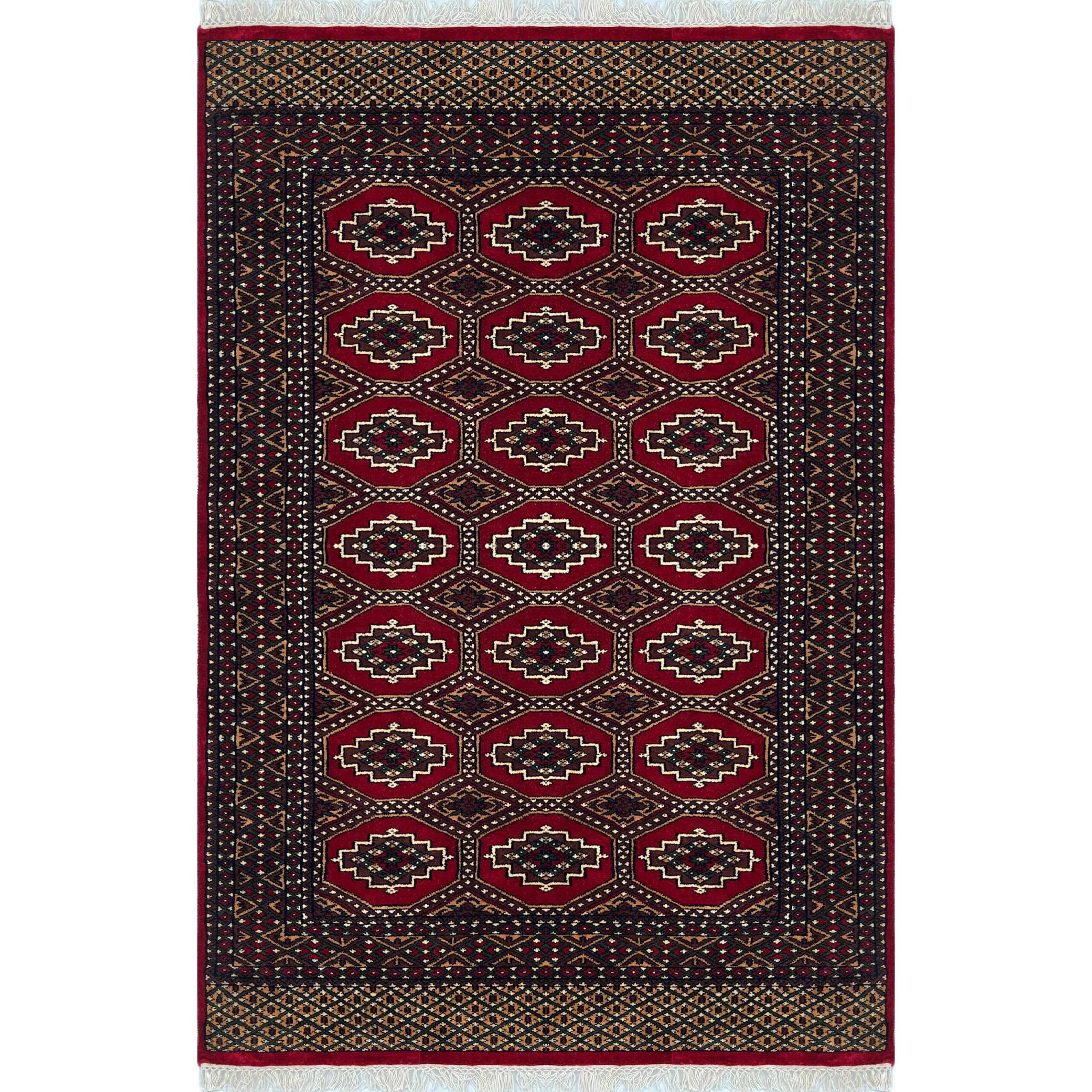 Hand Knotted Wool Area carpet, Red, Bokhara Gul Pattern, 4x6 ft, with Fringe