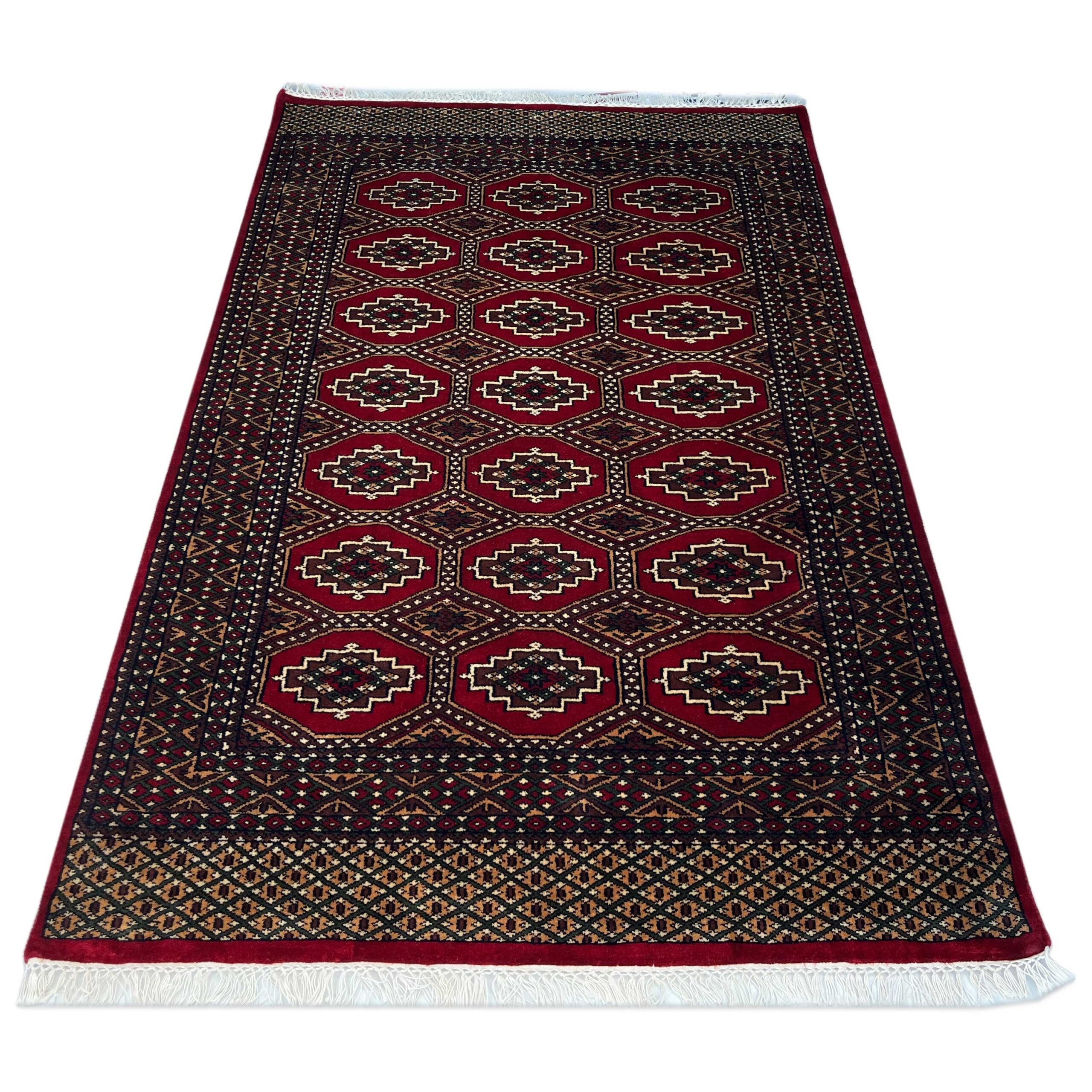 Hand Knotted Wool Area carpet, Red, Bokhara Gul Pattern, 4x6 ft, with Fringe - Image 7