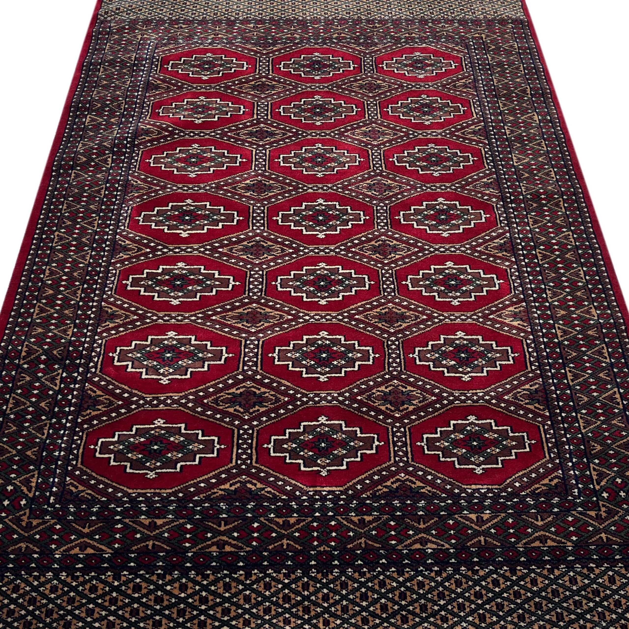 Hand Knotted Wool Area carpet, Red, Bokhara Gul Pattern, 4x6 ft, with Fringe - Image 6