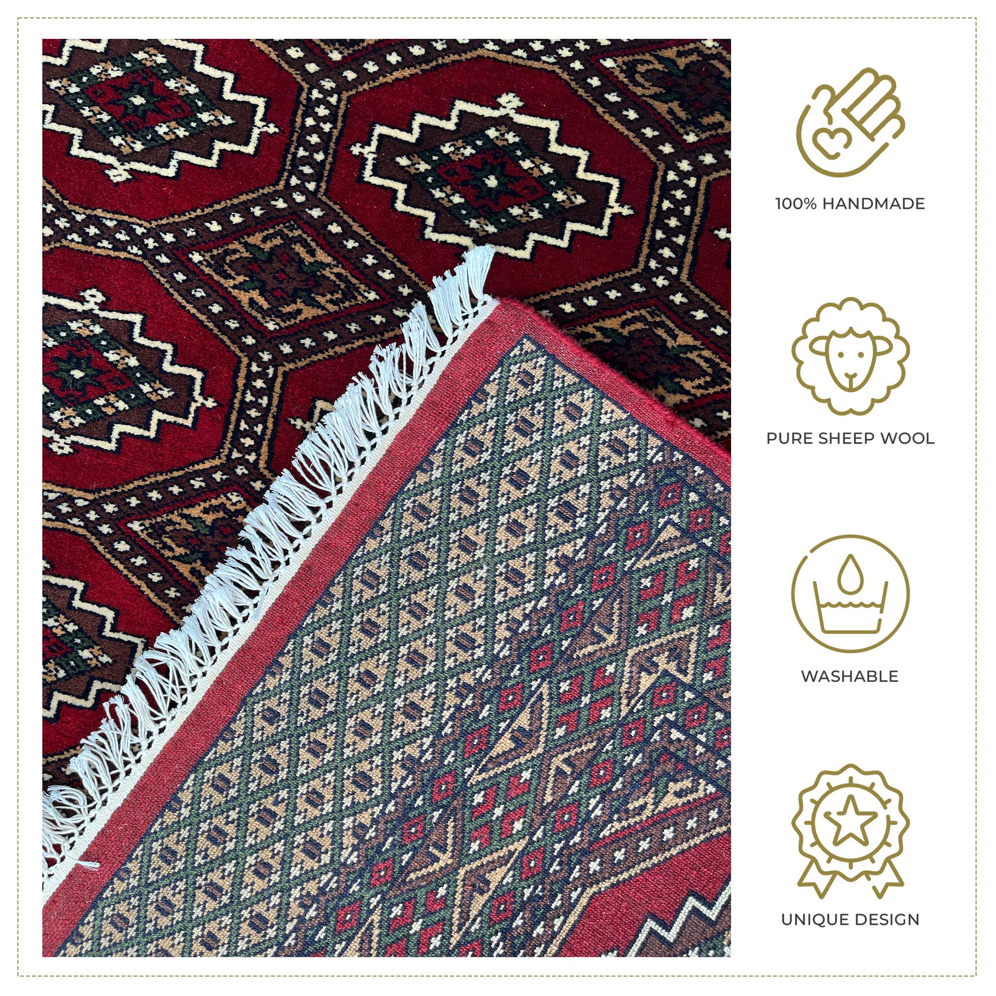 Hand Knotted Wool Area carpet, Red, Bokhara Gul Pattern, 4x6 ft, with Fringe - Image 5