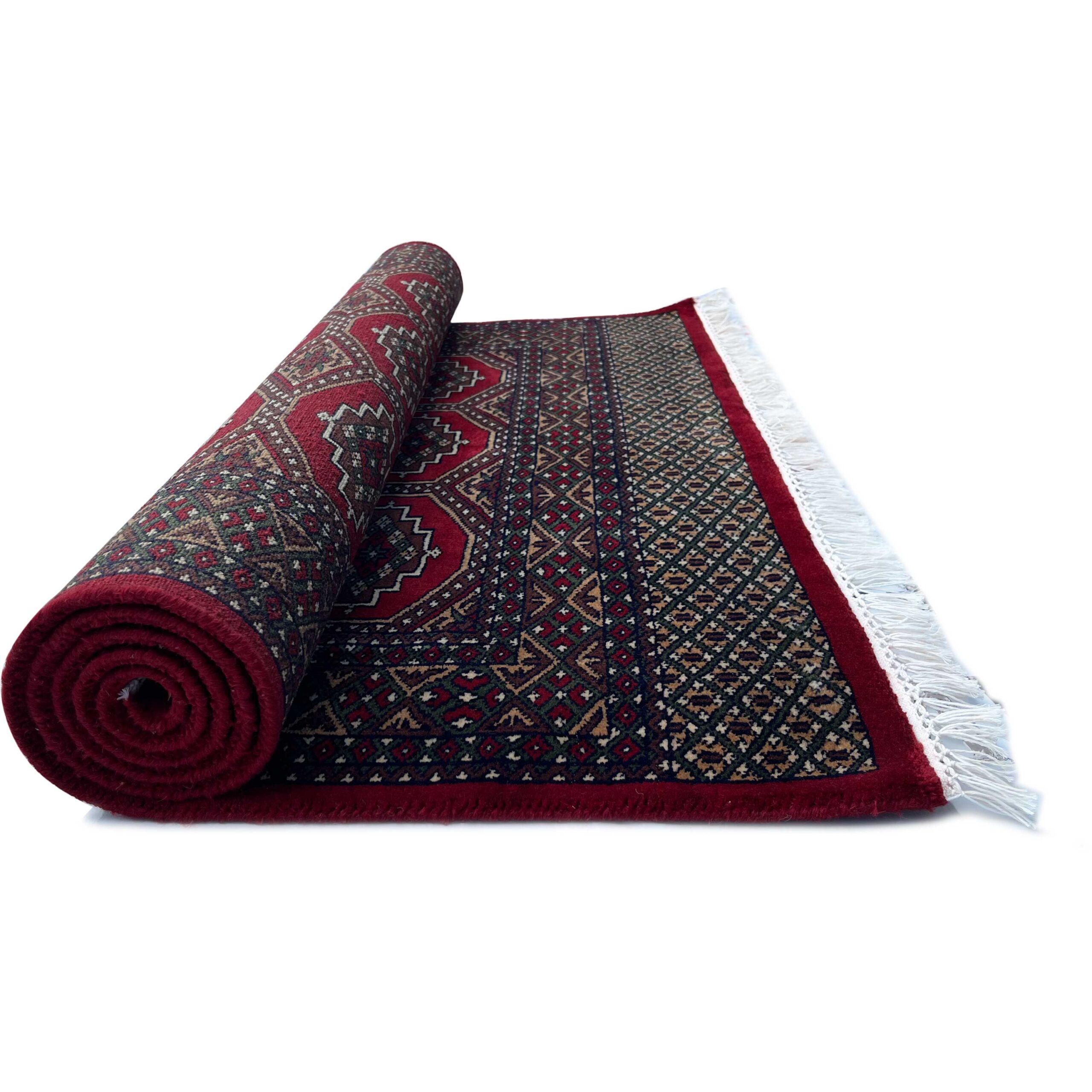 Hand Knotted Wool Area carpet, Red, Bokhara Gul Pattern, 4x6 ft, with Fringe - Image 3