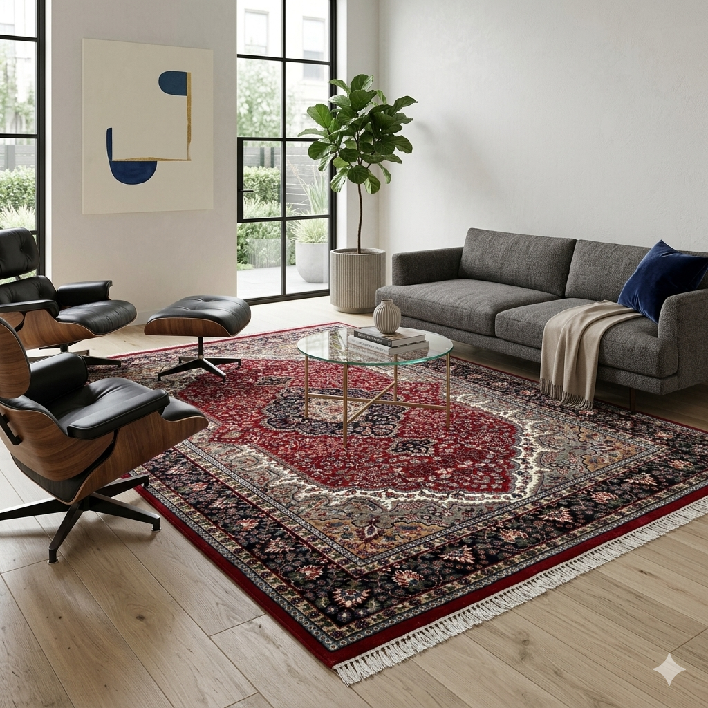 Traditional Indo Style Area carpet, Red, Hand Knotted Wool, 5x7 ft, Medallion Design - Image 2