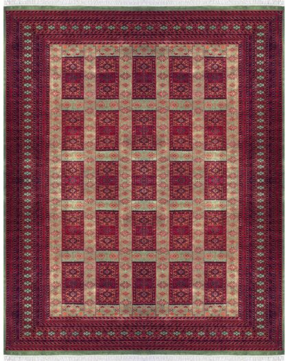 Handmade Tribal Dubba Wool Area carpet, Green and Red, Knotted, 8x10 ft