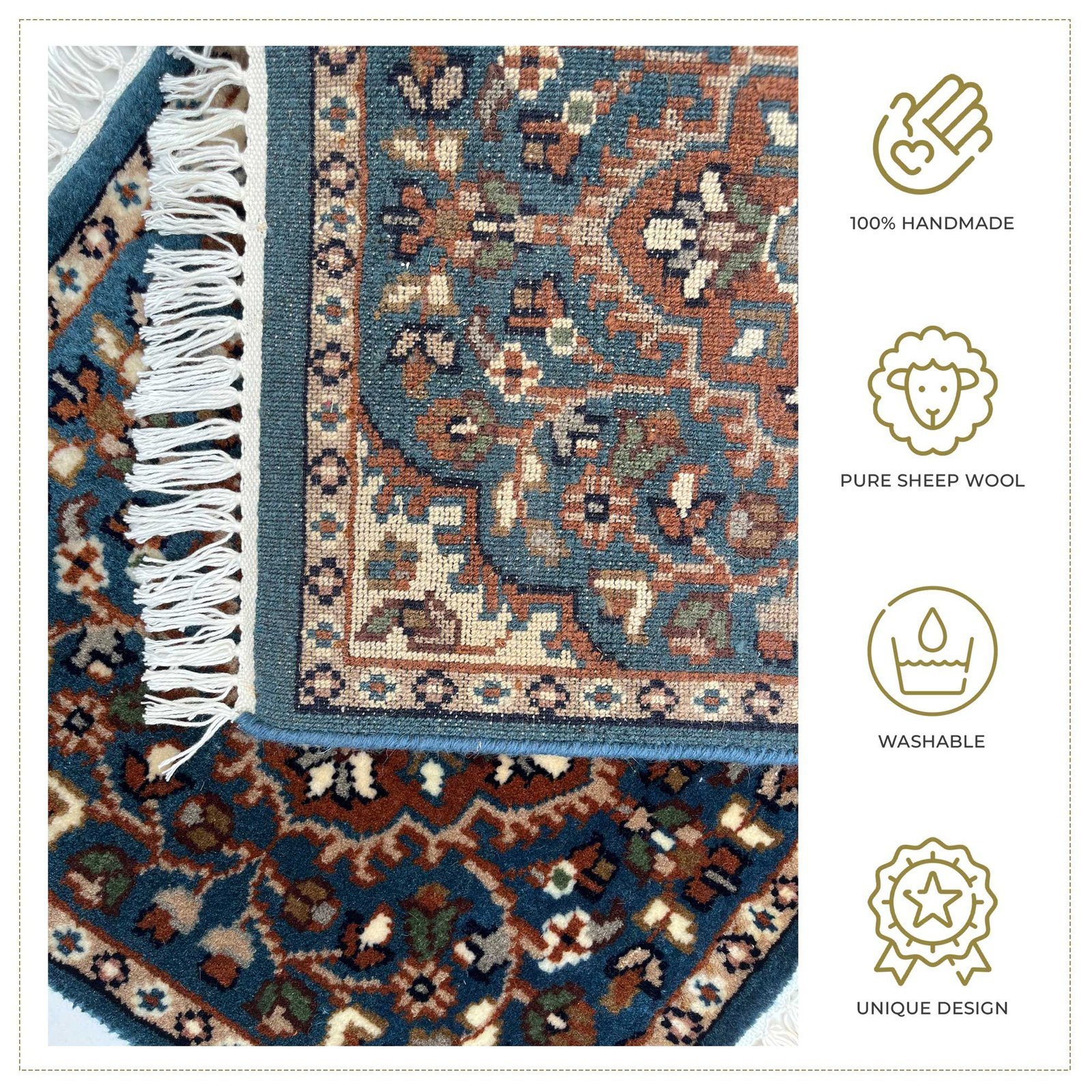 1.5x1.5 ft Hand Knotted Woolen Carpet Persian Blue - Image 4