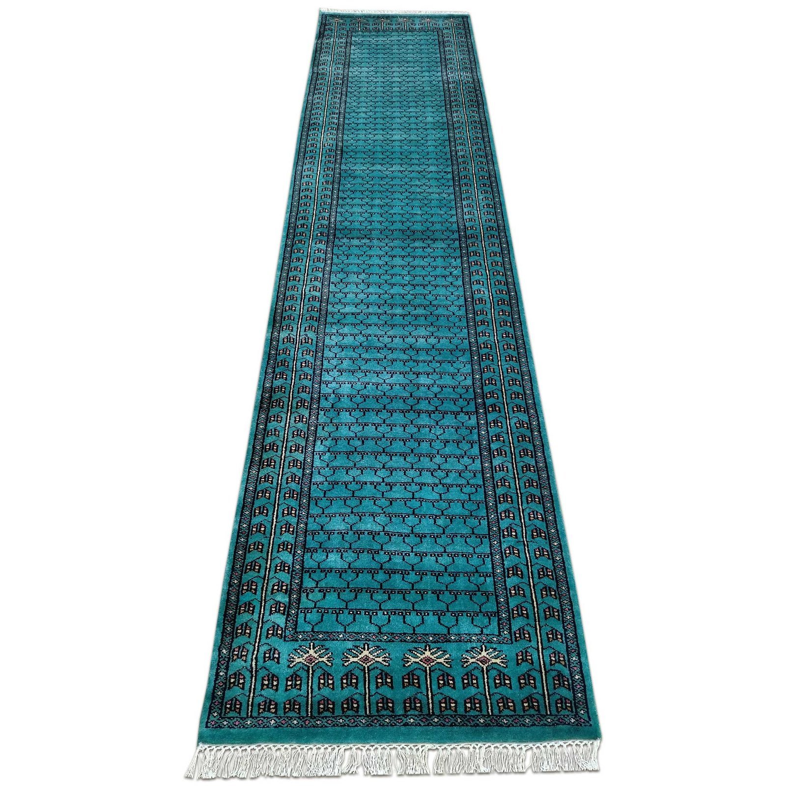 2.5x10 Feet Hand Knotted Turquoise Wool Carpet