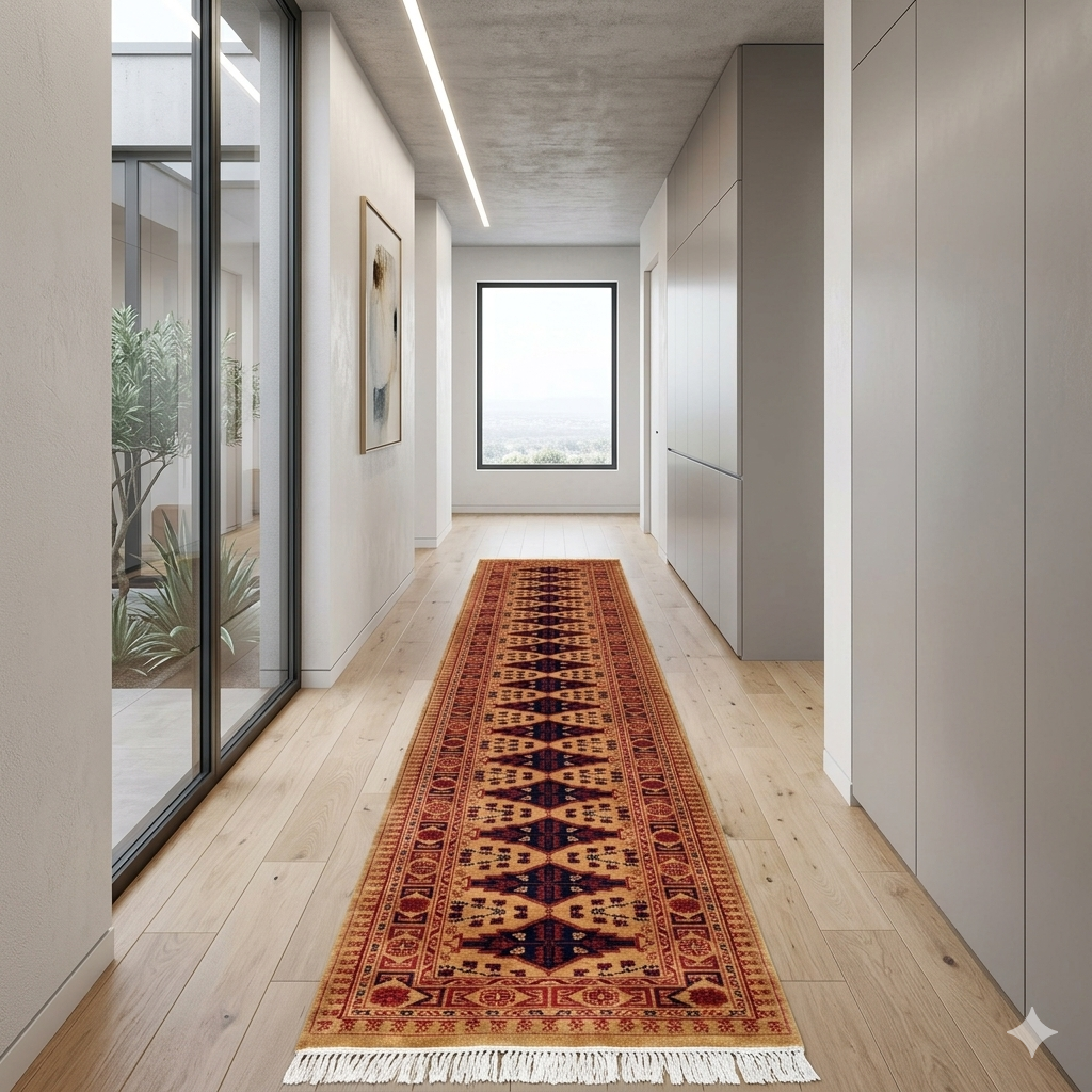Handmade Knotted Wool Runner Carpet, Camel, Bokhara Style, 2.5x10 ft - Image 2