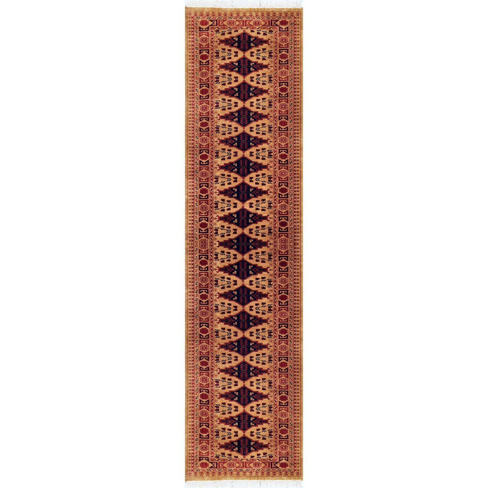 Handmade Knotted Wool Runner Carpet, Camel, Bokhara Style, 2.5x10 ft
