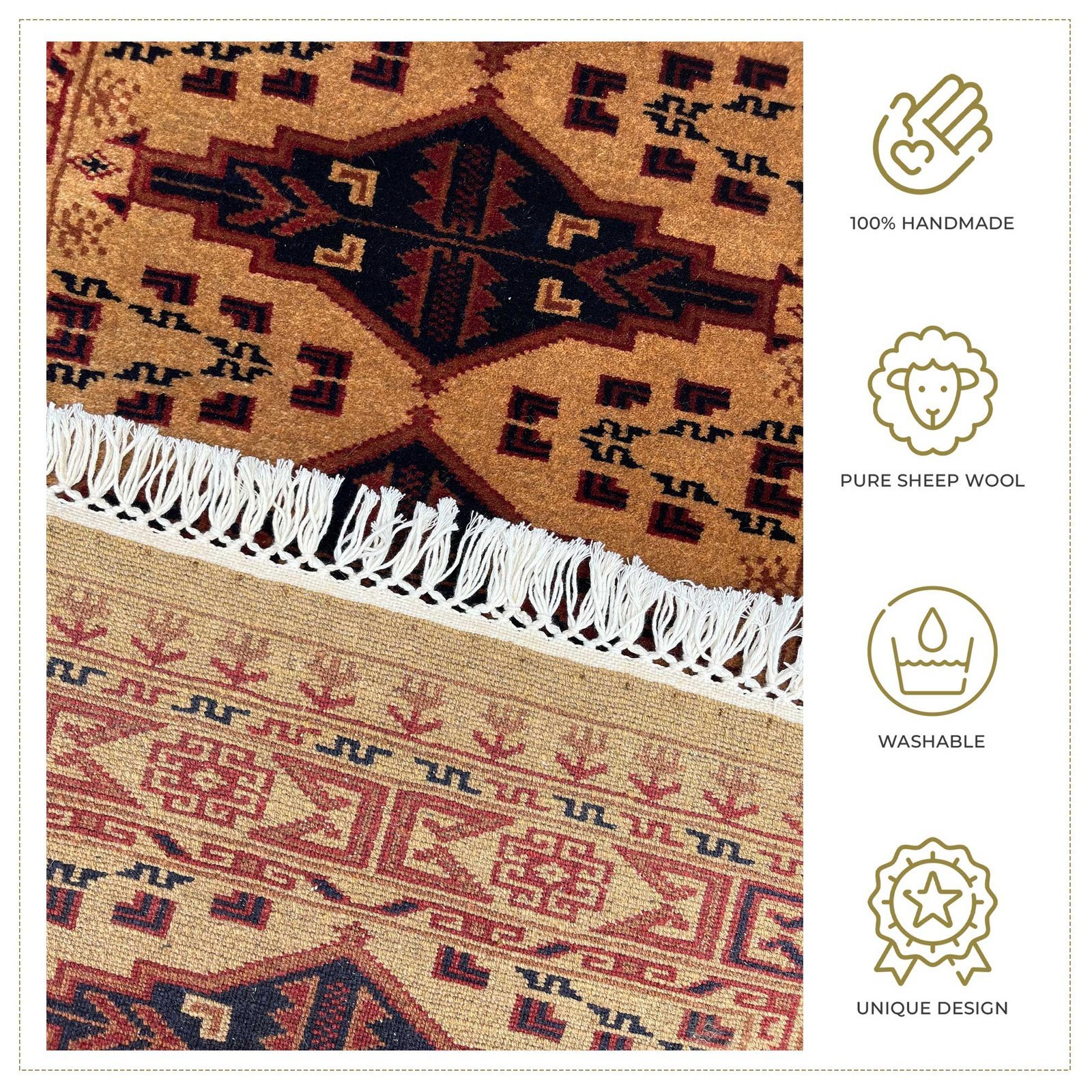 Handmade Knotted Wool Runner Carpet, Camel, Bokhara Style, 2.5x10 ft - Image 5