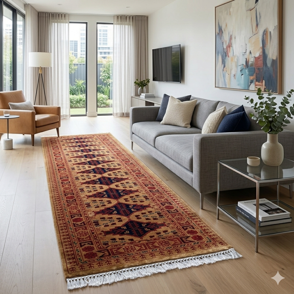 Handmade Knotted Wool Runner Carpet, Camel, Bokhara Style, 2.5x10 ft - Image 3