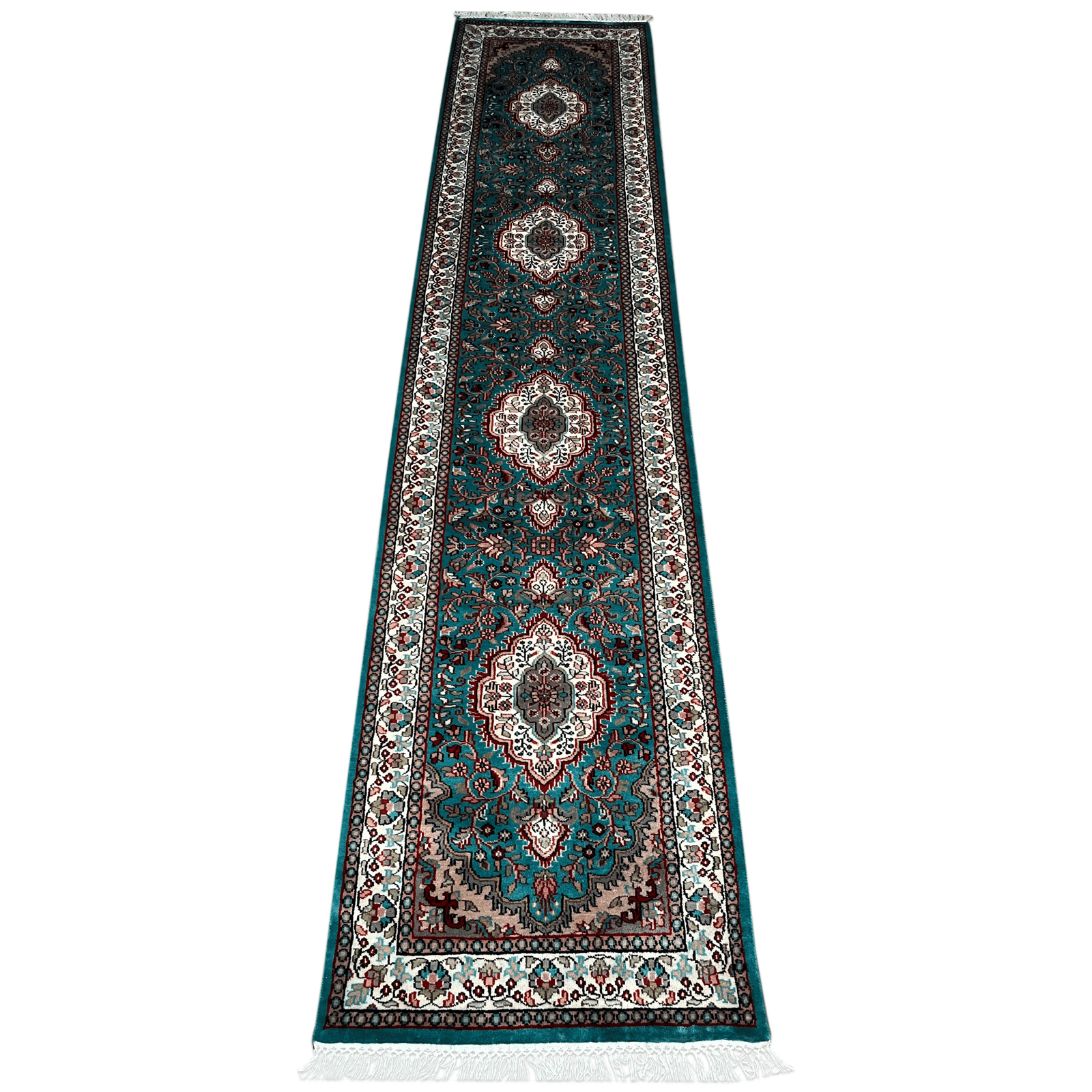 2.5x10 ft Hand Knotted Woolen Runner Carpet Turquoise Indopersian - Image 2