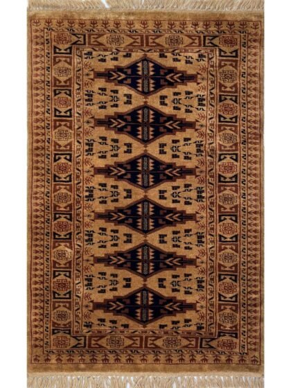 Handmade Hand-Knotted Wool Area Carpet, Camel, Tribal Bokhara Style with Fringe, 2.5x4 ft